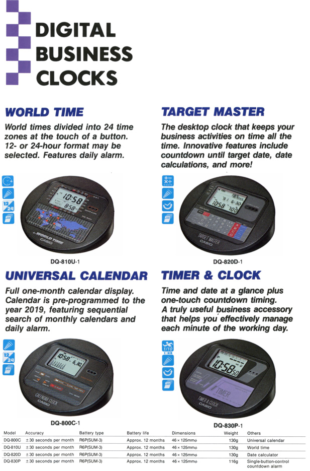 Digital Business Clocks, World time, Target master, Universal Calendar, DQ-800C-1, DQ-810U-1, DQ-820D-1, DQ-830P-1