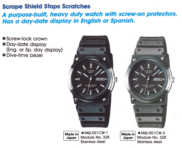 Timepiece, Dive-time bezel, day-date display, screw-lock crown, MQ-551CW-1, MQ-551CW-3, Module328, Made in Japan