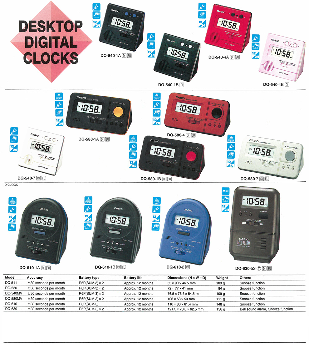 Clock, Digital, Desktop, Bell Alarm, Snooze, DQ-540-1A, DQ-540-1B, DQ-540-4A, DQ-540-4B, DQ-540-7, DQ-580-1A, DQ-580-1B, DQ-580-4, DQ-580-7, DQ-610-1A, DQ-610-1B, DQ-610-2, DQ-630-5S
