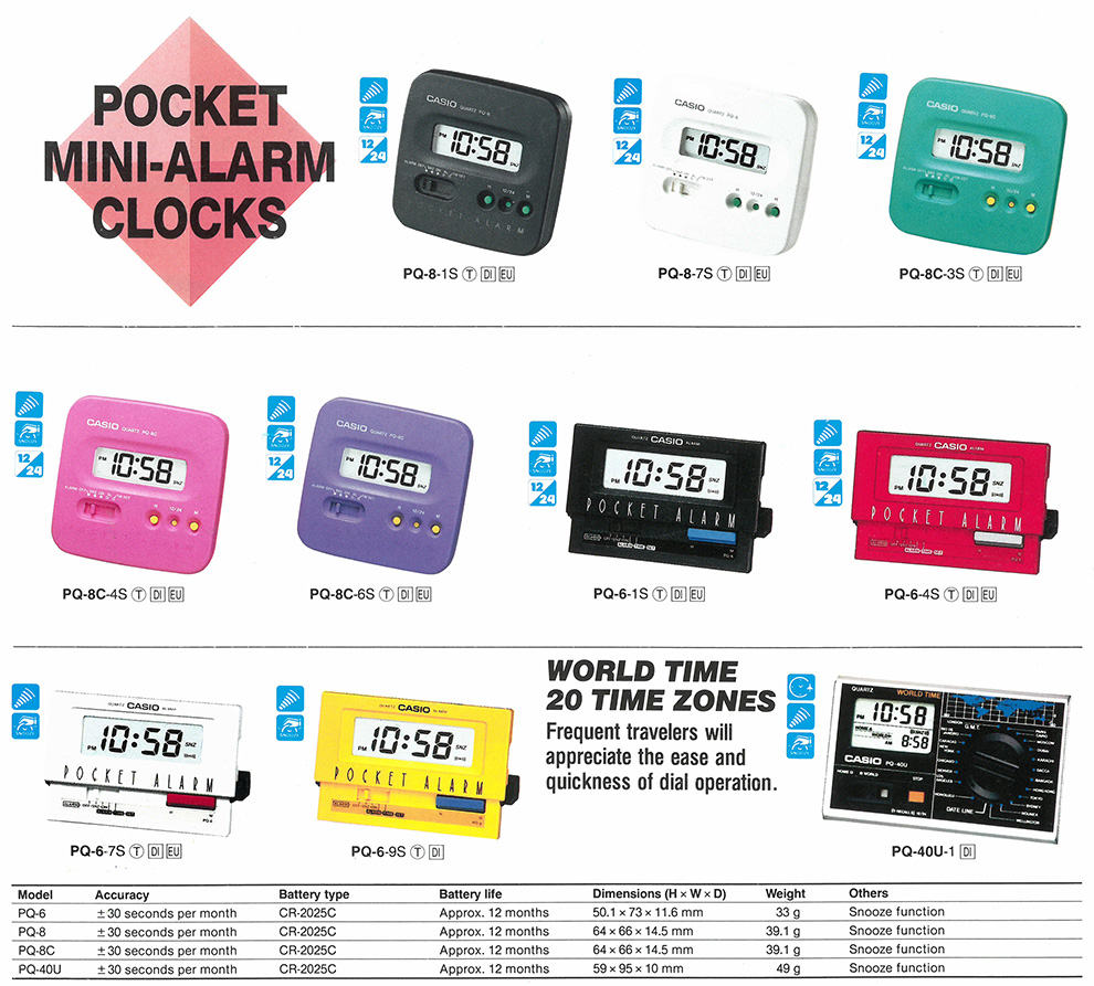 Clock, Digital, Pocket, Mini-alarm, world time, travelers, Snooze, PQ-8-1S, PQ-8-7S, PQ-8C-3S, PQ-8C-4S, PQ-8C-6S, PQ-6-1S, PQ-6-4S, PQ-6-7S, PQ-6-9S, PQ-40U-1