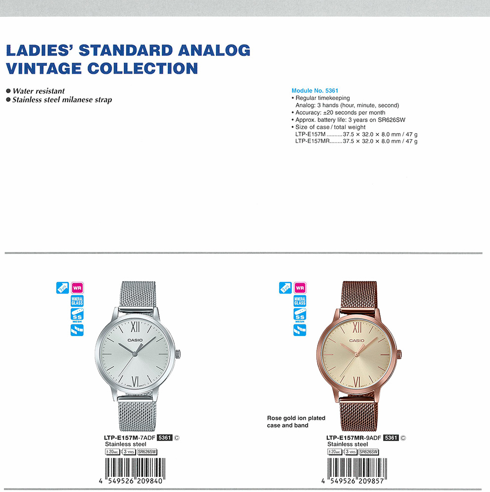 Standard Analog, Ladies, Vintage collection, water resistant, LTP-E157M-7A, LTP-E157MR-9A